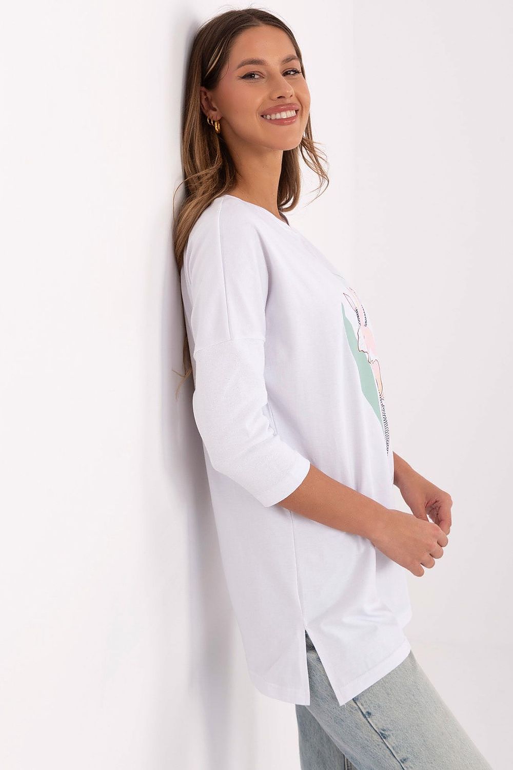 Elegant Floral Print Blouse in Sizes S to XL - High-Quality Cotton Blend with 3/4 Sleeves