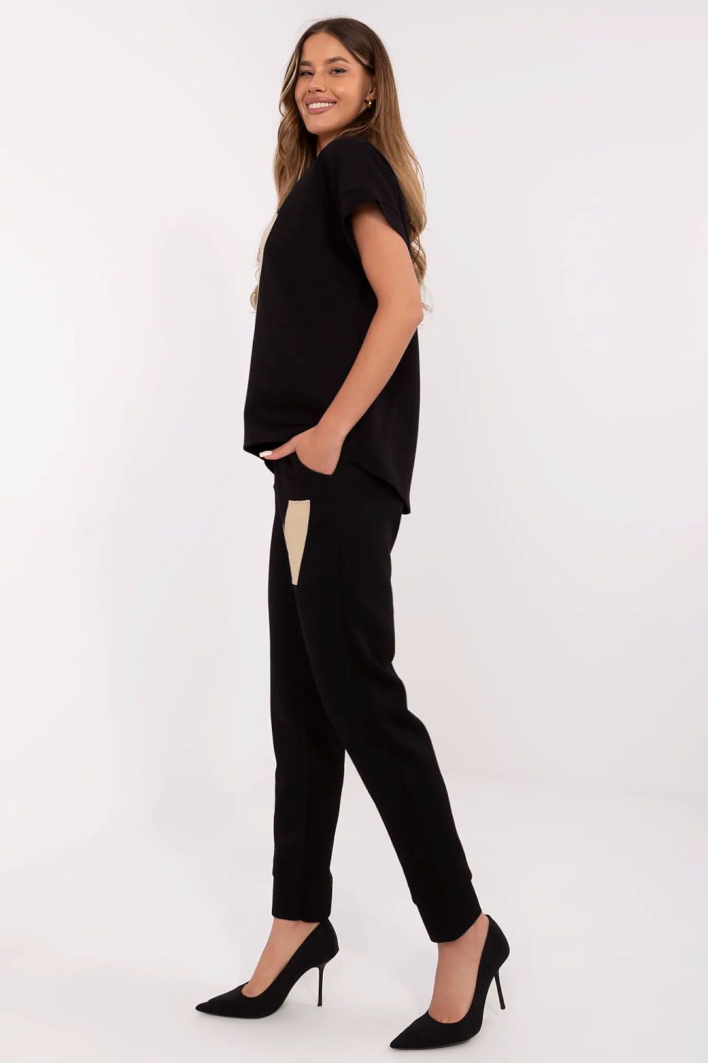Italy Moda Women's Stylish Comfort Set - V-Neck Blouse & High-Waisted Pants, EU Sizes 0, Viscose Blend