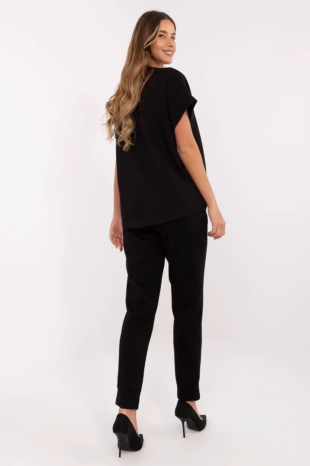 Italy Moda Women's Stylish Comfort Set - V-Neck Blouse & High-Waisted Pants, EU Sizes 0, Viscose Blend