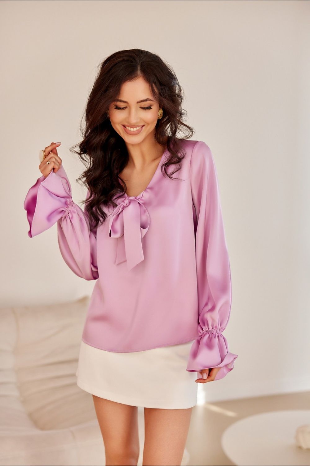 Elegant Roco Fashion Blouse with Long Puffy Sleeves and Decorative Neck Tie, Sizes EU 36-40
