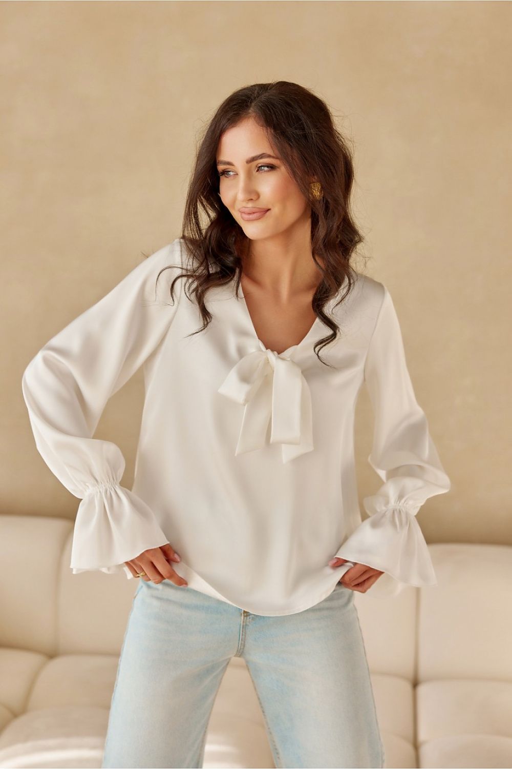 Elegant Roco Fashion Blouse with Long Puffy Sleeves and Decorative Neck Tie, Sizes EU 36-40