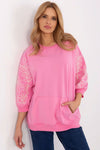 Elegant Women's 3/4 Sleeve Sweatshirt with Kangaroo Pocket, Embroidered Leaf Patterns - Size EU 0
