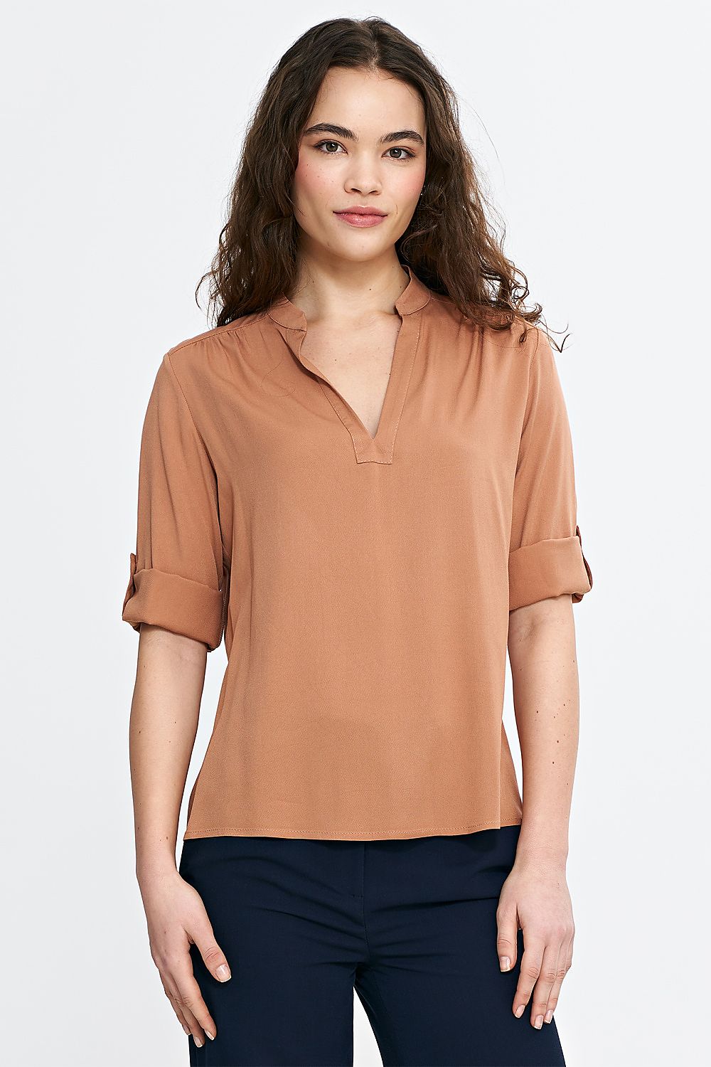 Elegant Light Viscose Blouse with Adjustable Cuffed Sleeves - Sizes EU 36-42