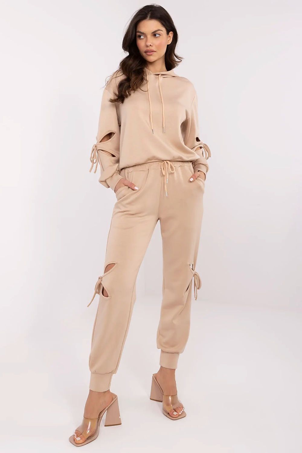 Luxury Women's Casual Tracksuit Set with Decorative Ties, High-Waisted Pants, Sizes EU 0