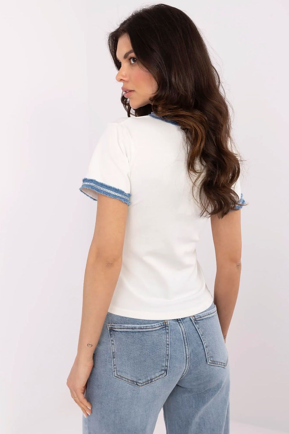 Casual Elegant Women's Fitted Blouse with Denim Accents in Sizes EU 0, Soft Cotton Spandex Blend
