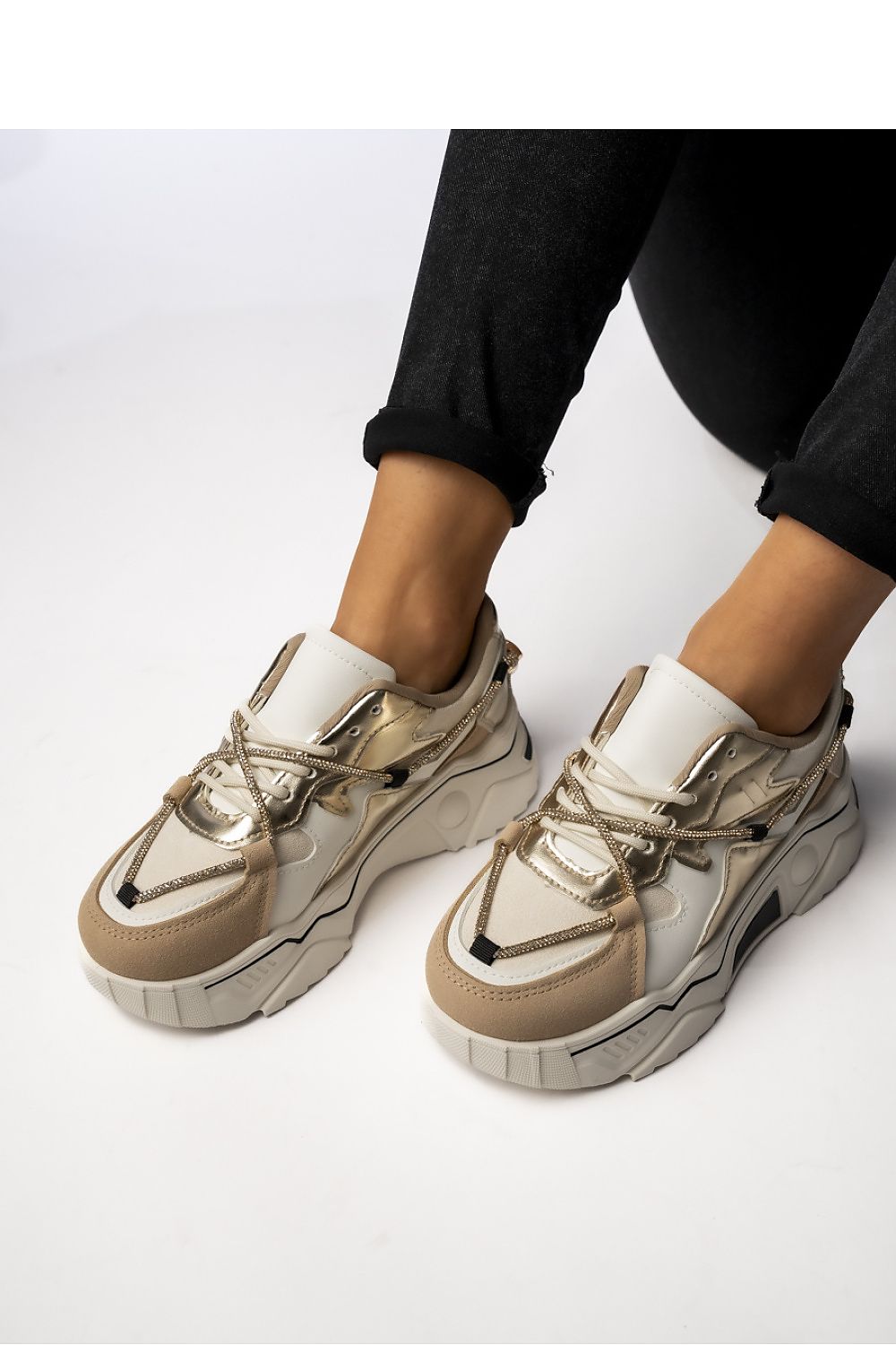 Chic Veyra Beige Women's Sneakers with Decorative Gold Laces and Chunky Sole, Ergonomic Fit