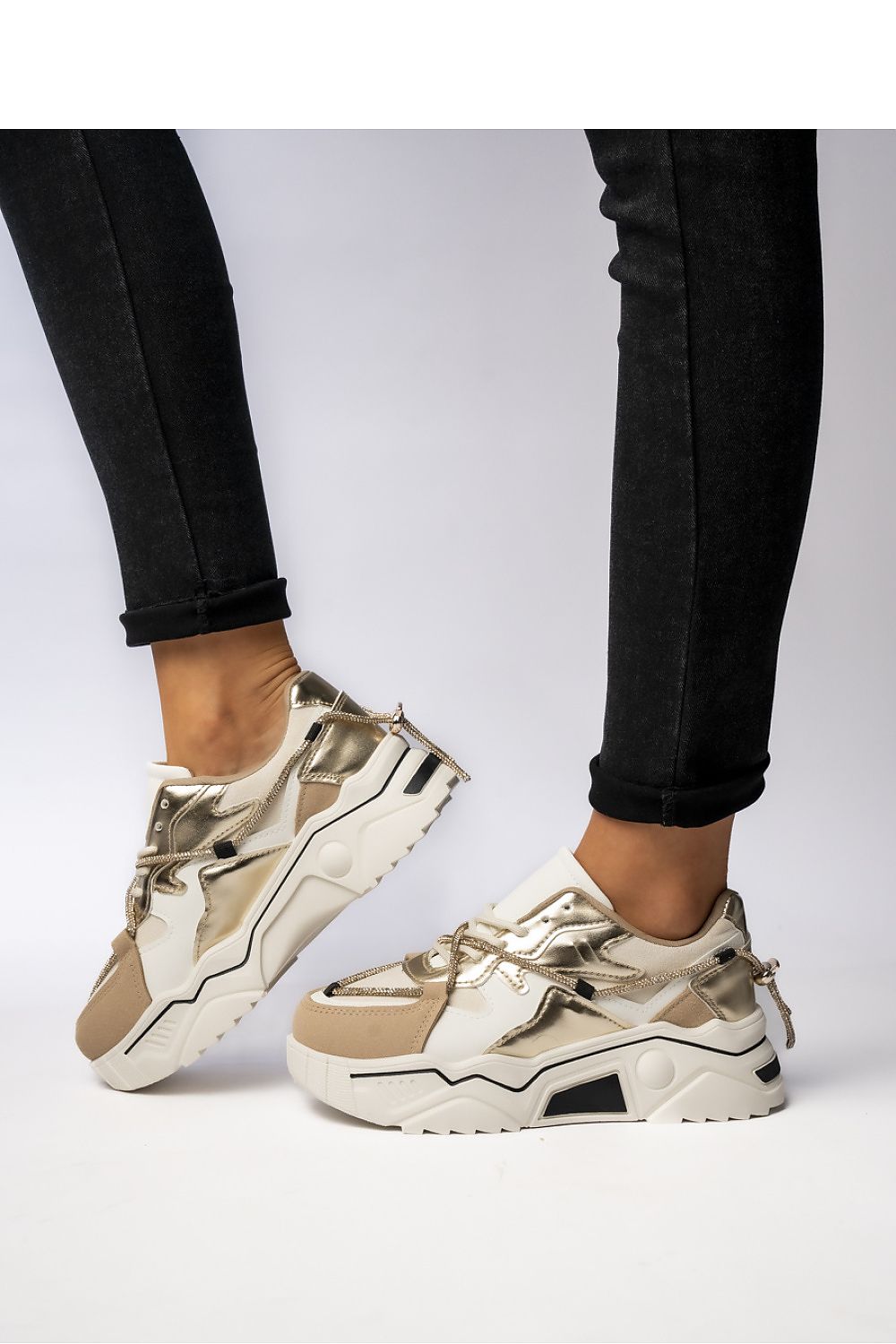 Chic Veyra Beige Women's Sneakers with Decorative Gold Laces and Chunky Sole, Ergonomic Fit