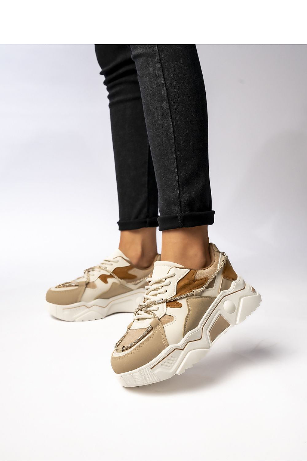 Inello Women's Khaki Sneakers with Gold Laces, Chunky Sole, Ergonomic Fit - Stylish Everyday Wear
