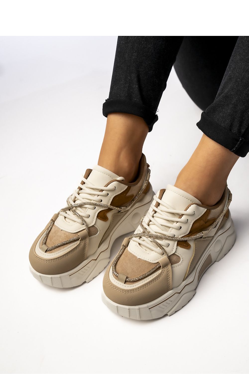 Inello Women's Khaki Sneakers with Gold Laces, Chunky Sole, Ergonomic Fit - Stylish Everyday Wear