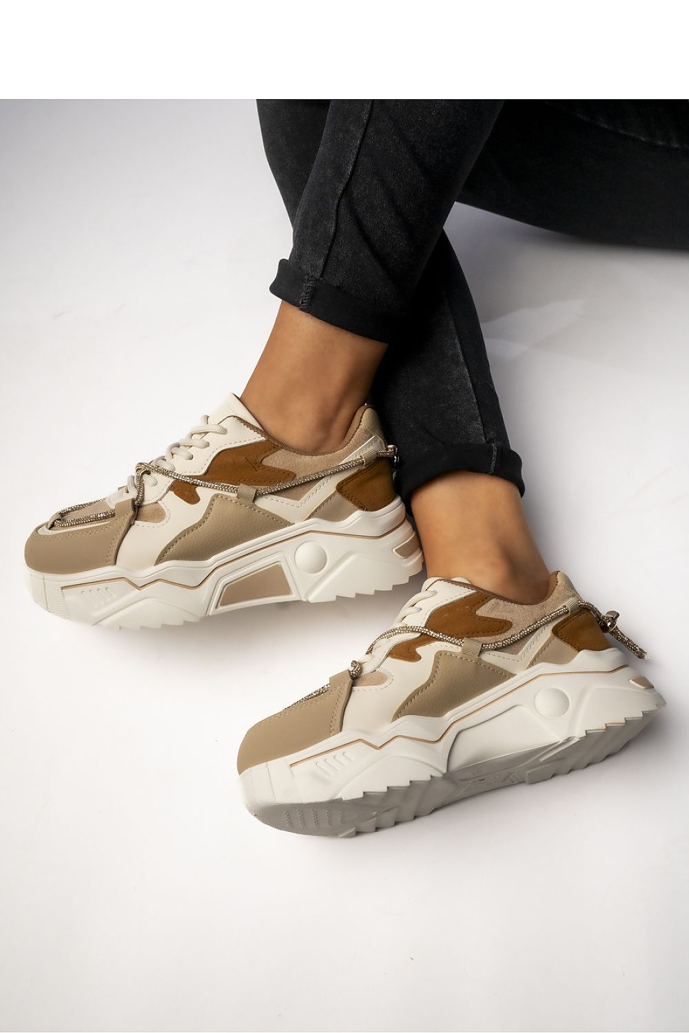 Inello Women's Khaki Sneakers with Gold Laces, Chunky Sole, Ergonomic Fit - Stylish Everyday Wear