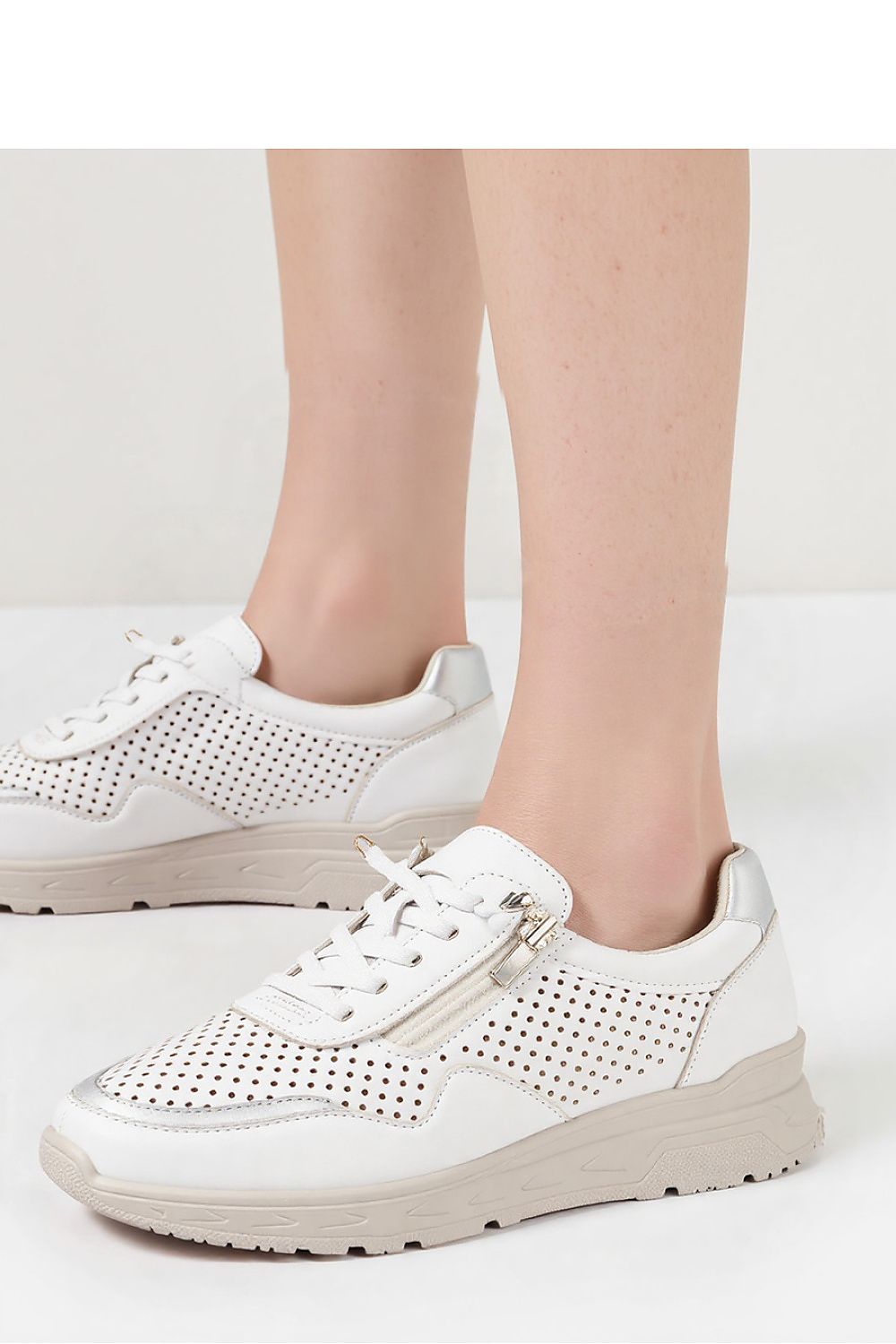 Inello AVERIA White Sneakers with Gold Accents, Perforated Eco Leather, Size Range Available