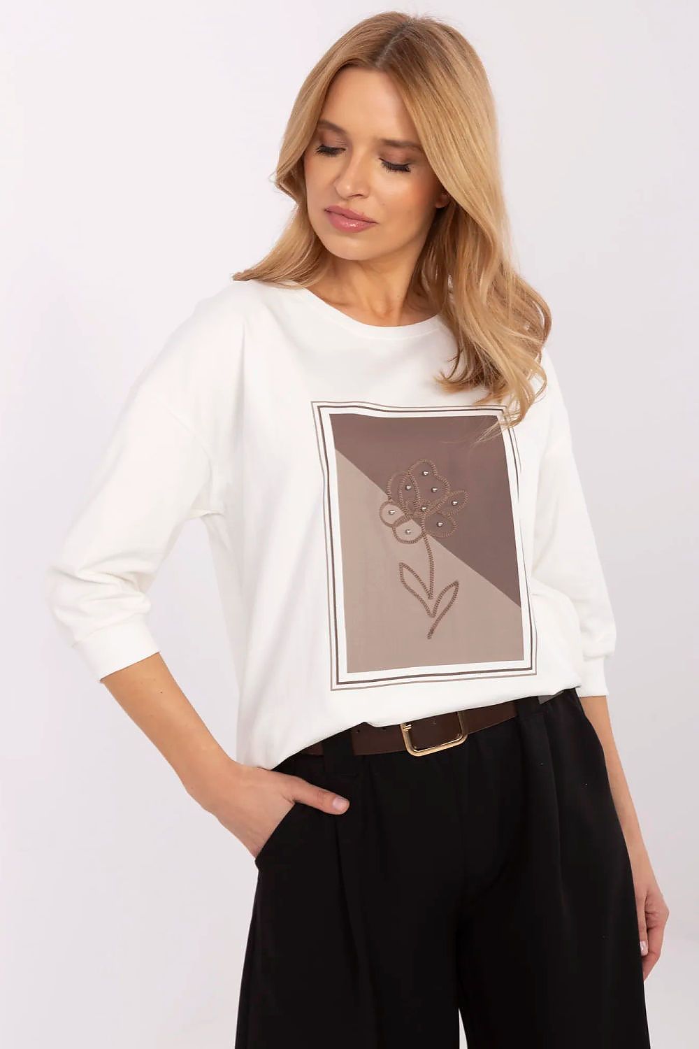 Elegant Casual Women's Blouse with 3/4 Sleeves, Cotton Blend, Available in EU Size 0