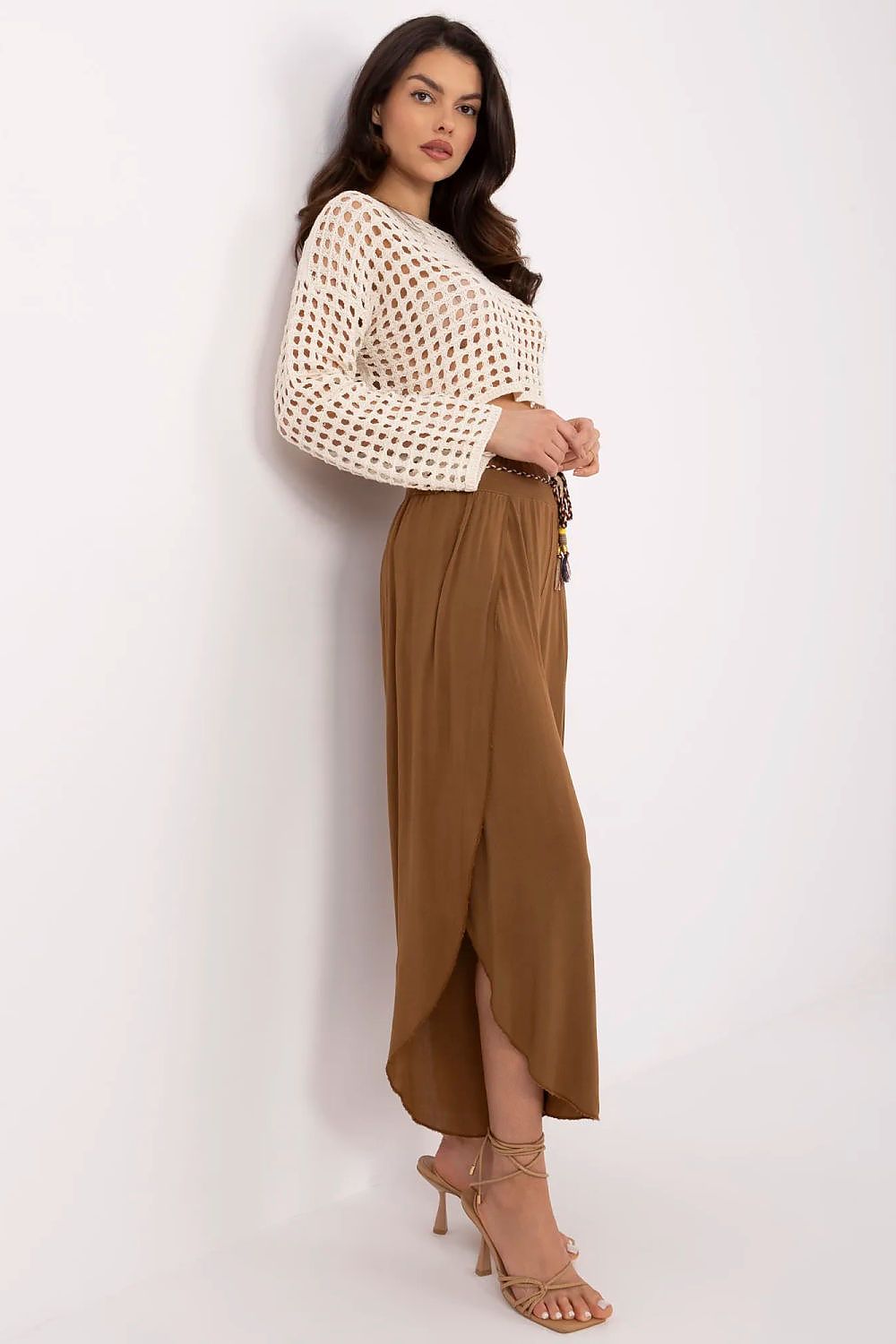 Och Bella Women's High-Waist Trousers with Decorative Waist Tie - Airy Viscose Style