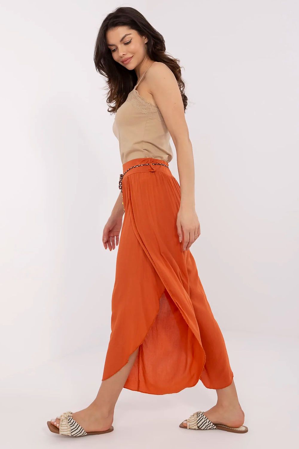 Och Bella Women's High-Waist Trousers with Decorative Waist Tie - Airy Viscose Style