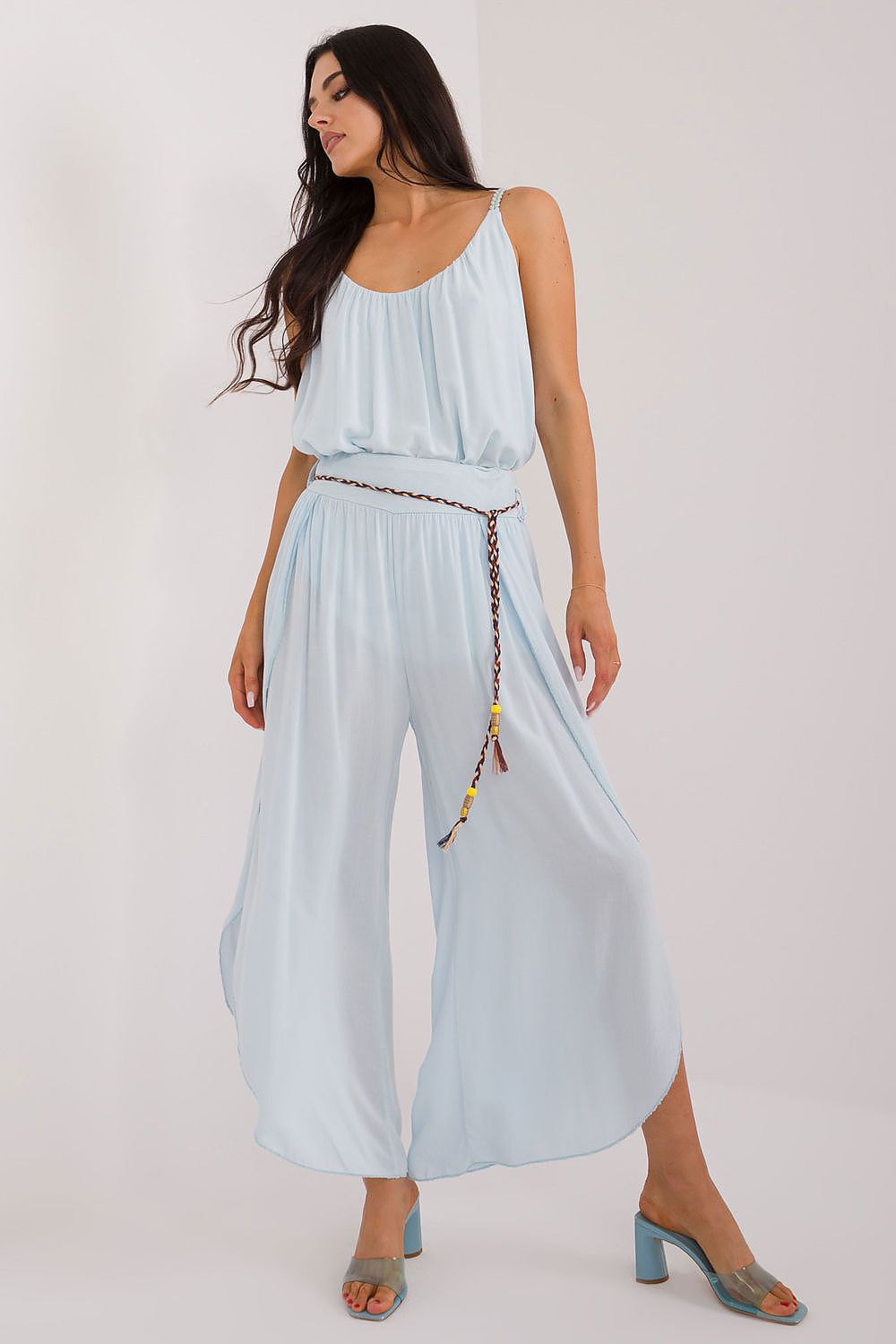 Och Bella Women's High-Waist Trousers with Decorative Waist Tie - Airy Viscose Style