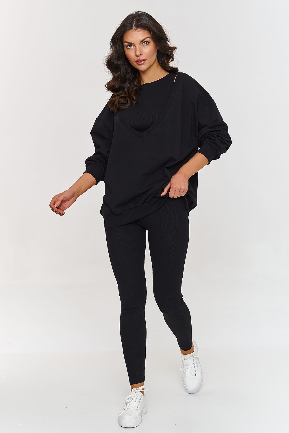 Luxury Makadamia Women's Tracksuit Set - Oversized Sweatshirt & Fitted Ribbed Leggings, Sizes EU 0-44