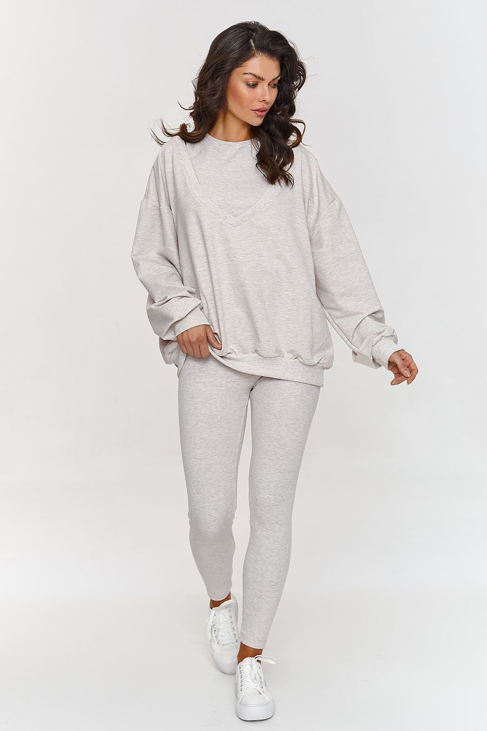 Luxury Makadamia Women's Tracksuit Set - Oversized Sweatshirt & Fitted Ribbed Leggings, Sizes EU 0-44