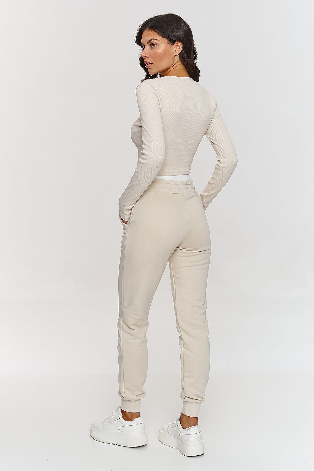 Stylish Makadamia Cotton Set for Sizes 36-38: Elegant Long Sleeve Shirt & Comfy Sweatpants