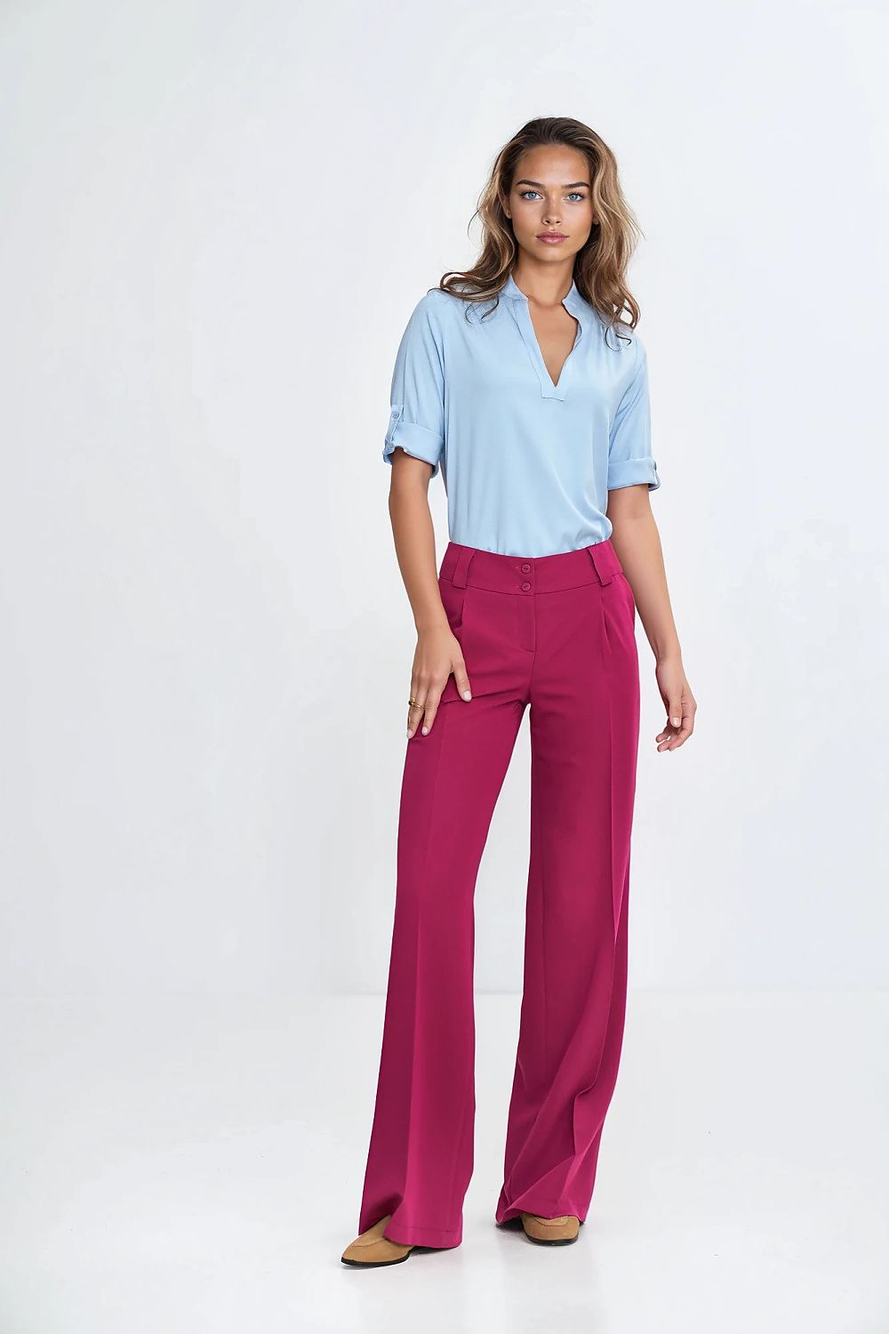 Elegant Light Viscose Blouse with Adjustable Cuffed Sleeves - Sizes EU 36-42