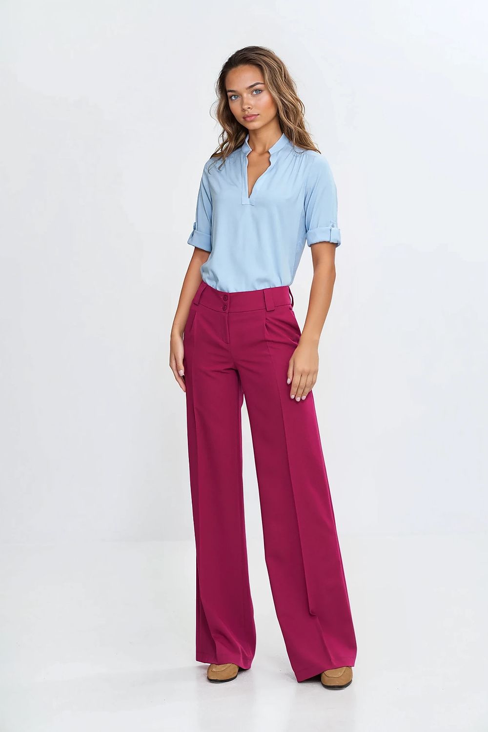 Elegant Light Viscose Blouse with Adjustable Cuffed Sleeves - Sizes EU 36-42