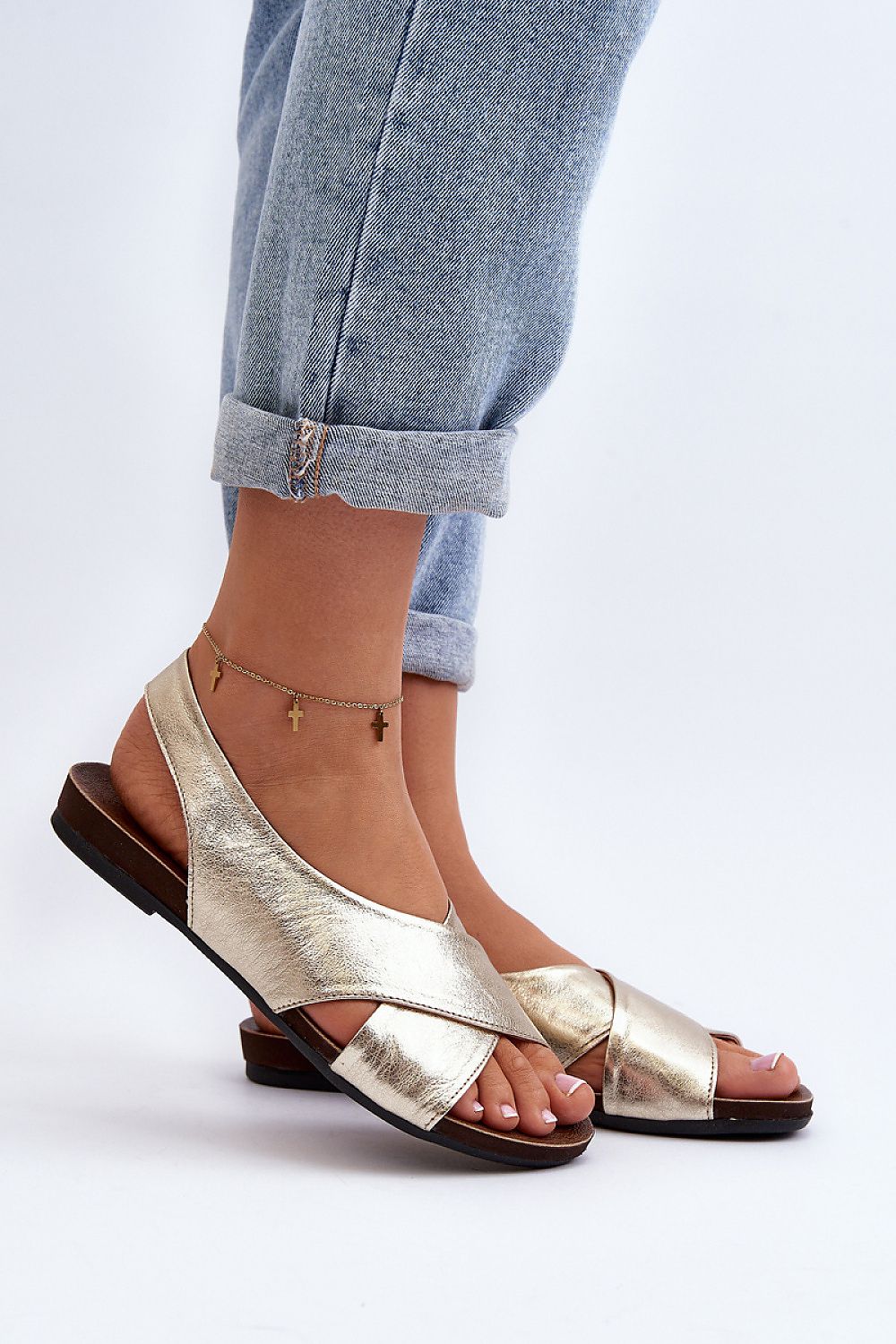 Elegant Natural Leather Women's Sandals With Open Heel And Toe, Comfortable Flat Design