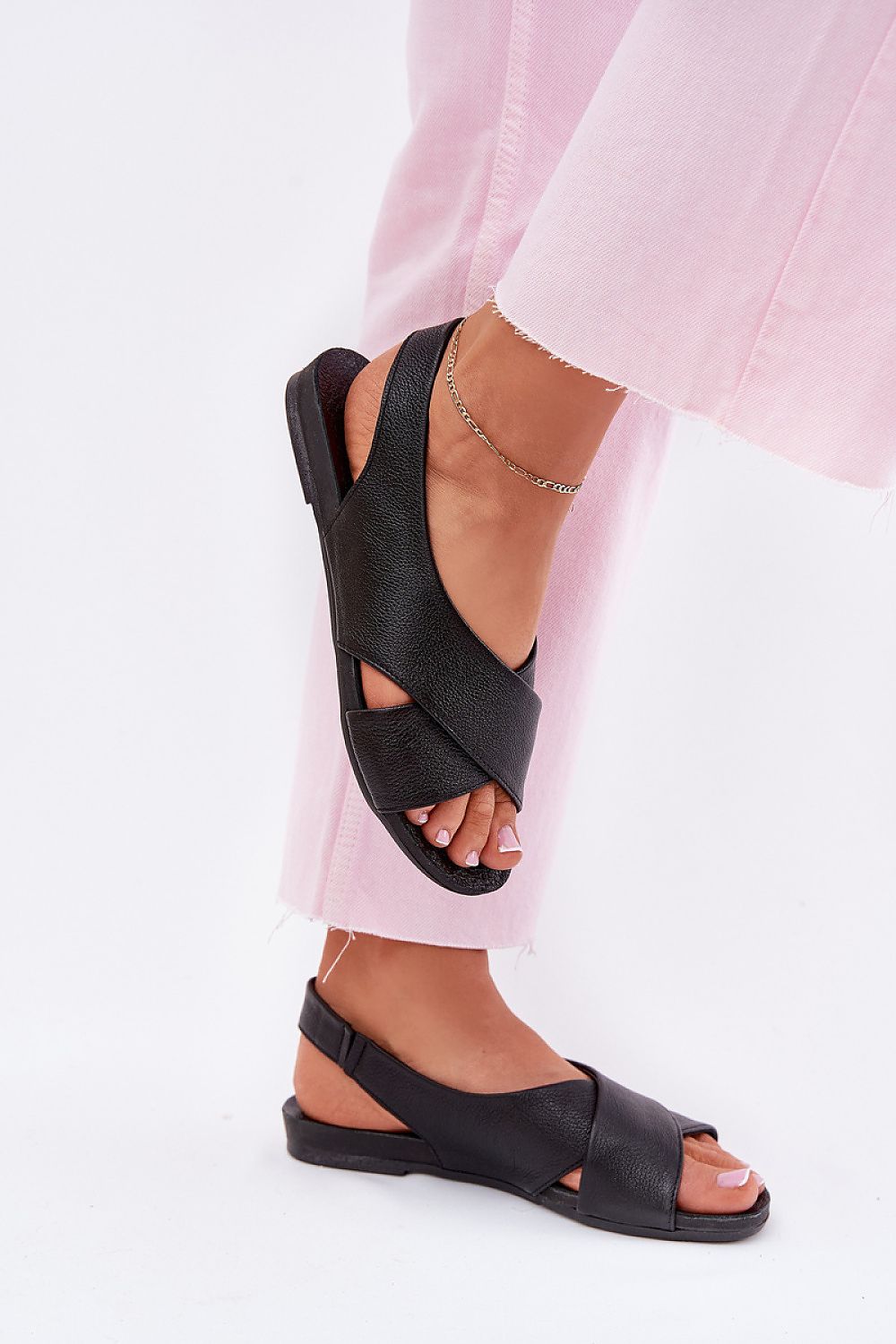 Elegant Natural Leather Women's Sandals With Open Heel And Toe, Comfortable Flat Design