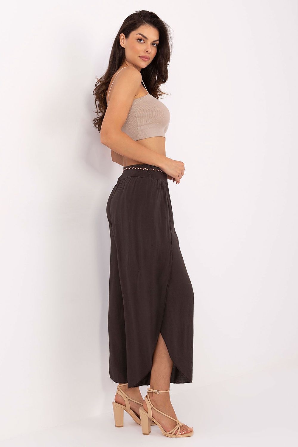 Och Bella Women's High-Waist Trousers with Decorative Waist Tie - Airy Viscose Style