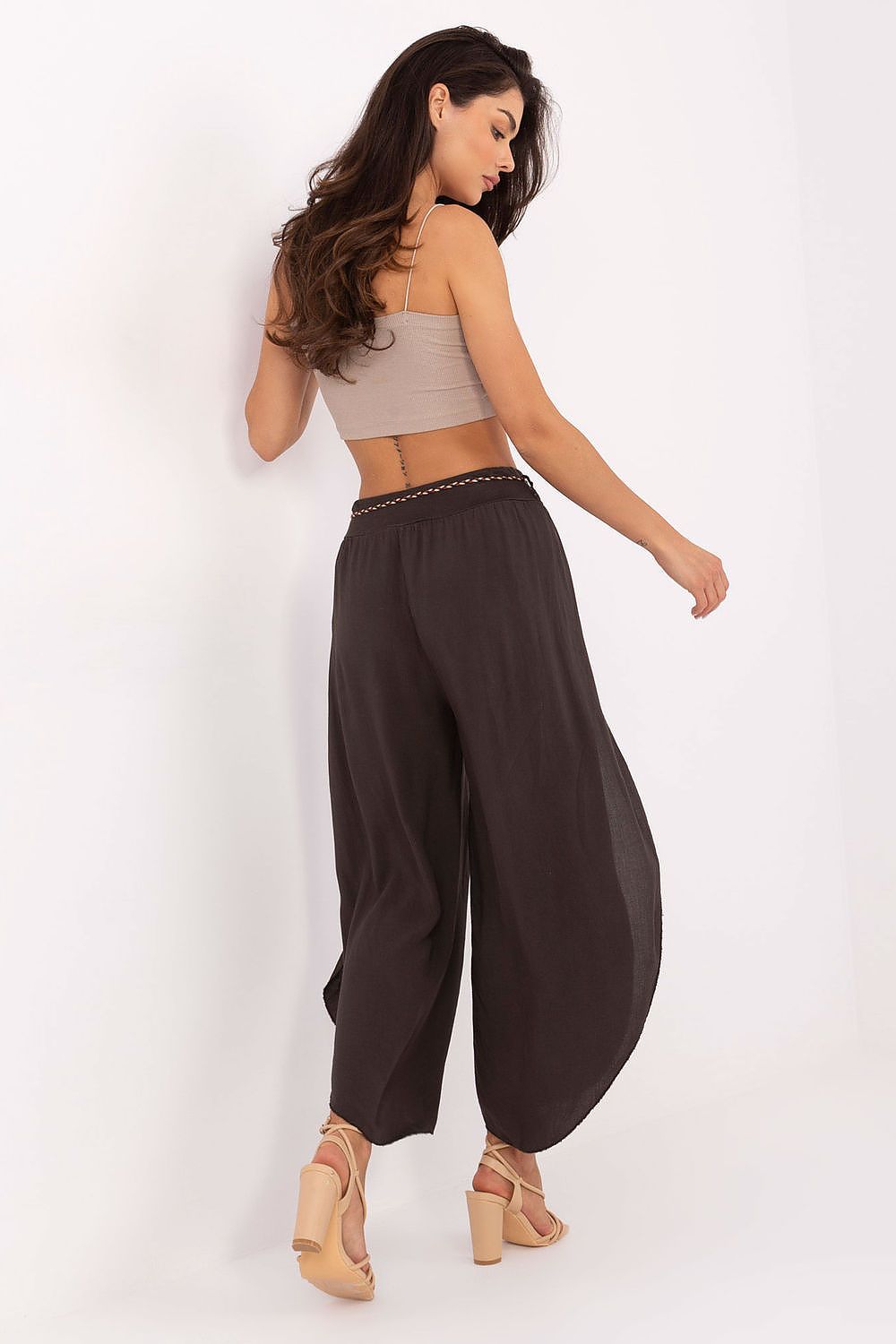 Och Bella Women's High-Waist Trousers with Decorative Waist Tie - Airy Viscose Style