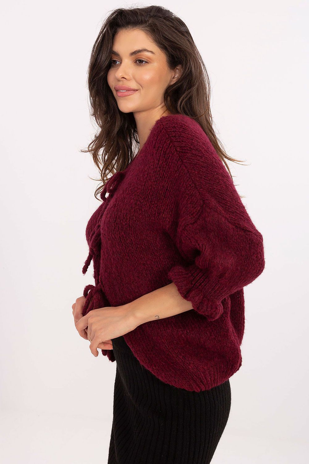 Elegant Women's Casual Cardigan Sweater with Three-Tie Binding and 3/4 Sleeves by Italy Moda