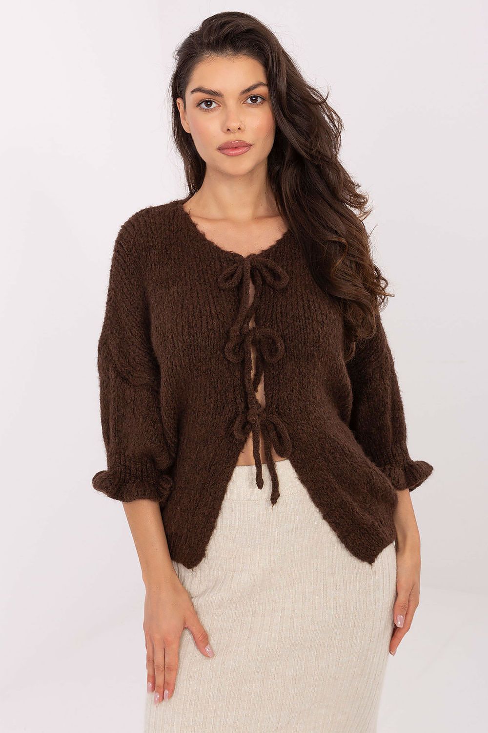 Elegant Women's Casual Cardigan Sweater with Three-Tie Binding and 3/4 Sleeves by Italy Moda
