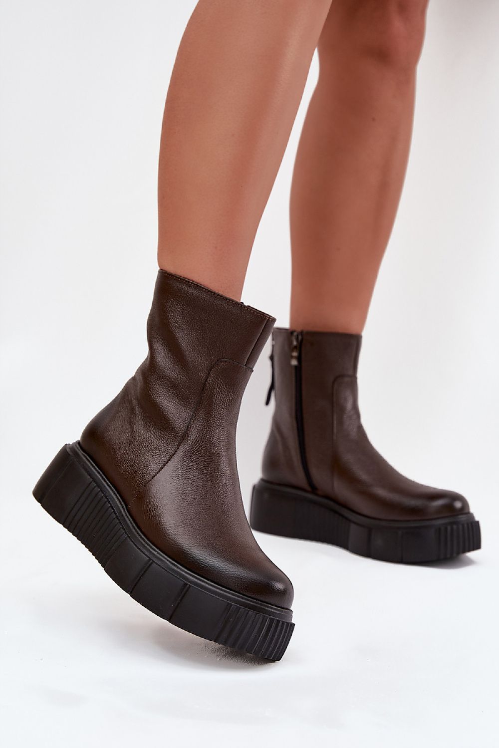 Luxury Women's Ankle Boots in Natural Leather with Wedge Heel and Decorative Zipper