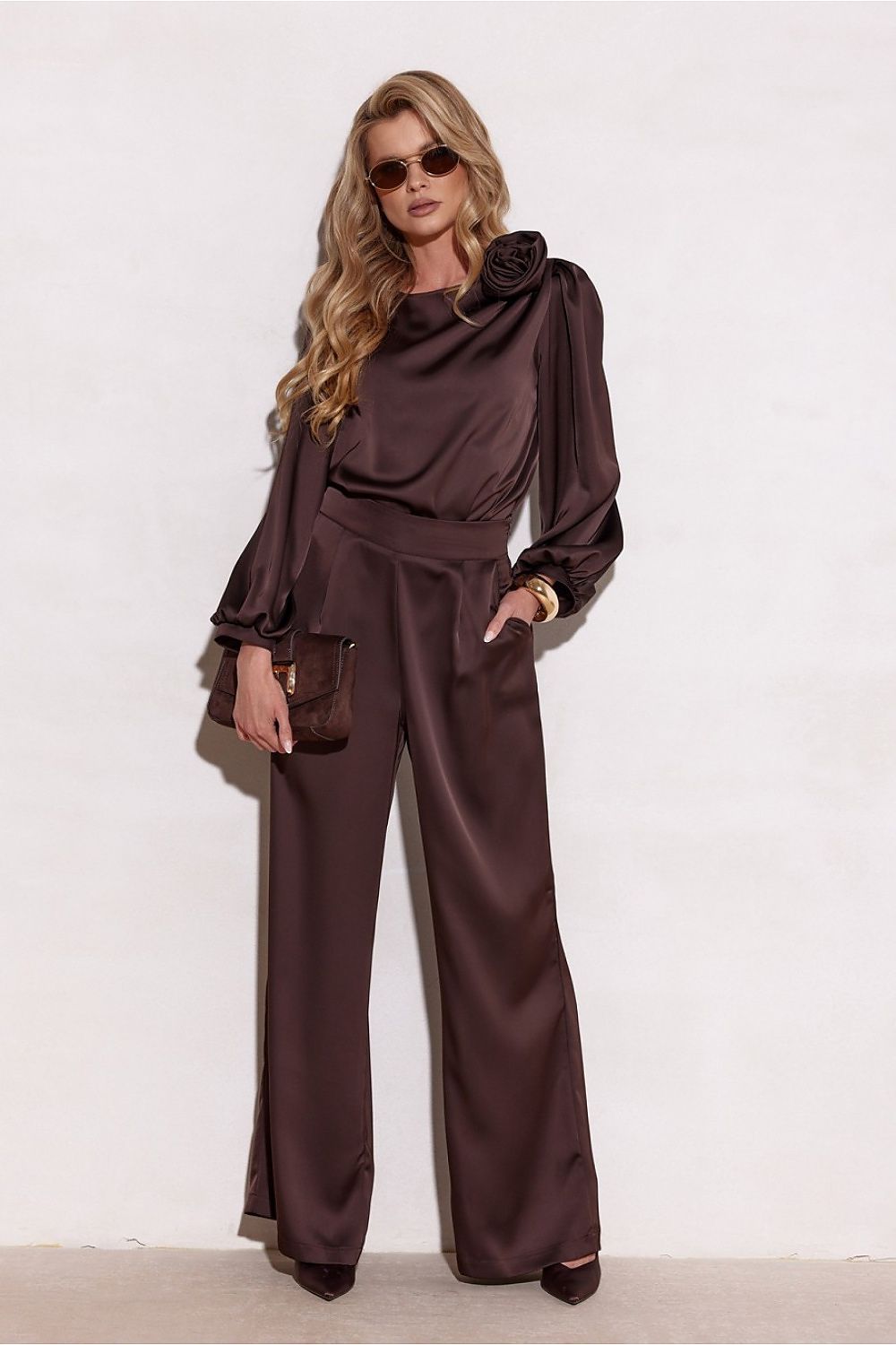 Roco Fashion Elsa Satin Wide-Leg Trousers with High Waist and Pockets for Elegant Occasions
