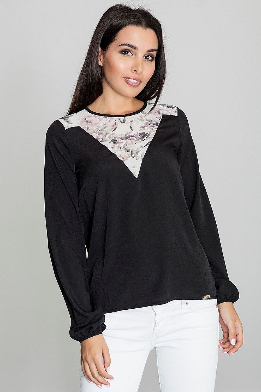 Elegant Figl Blouse With Patterned Neckline, Long Sleeves & Spectacular Back Slit