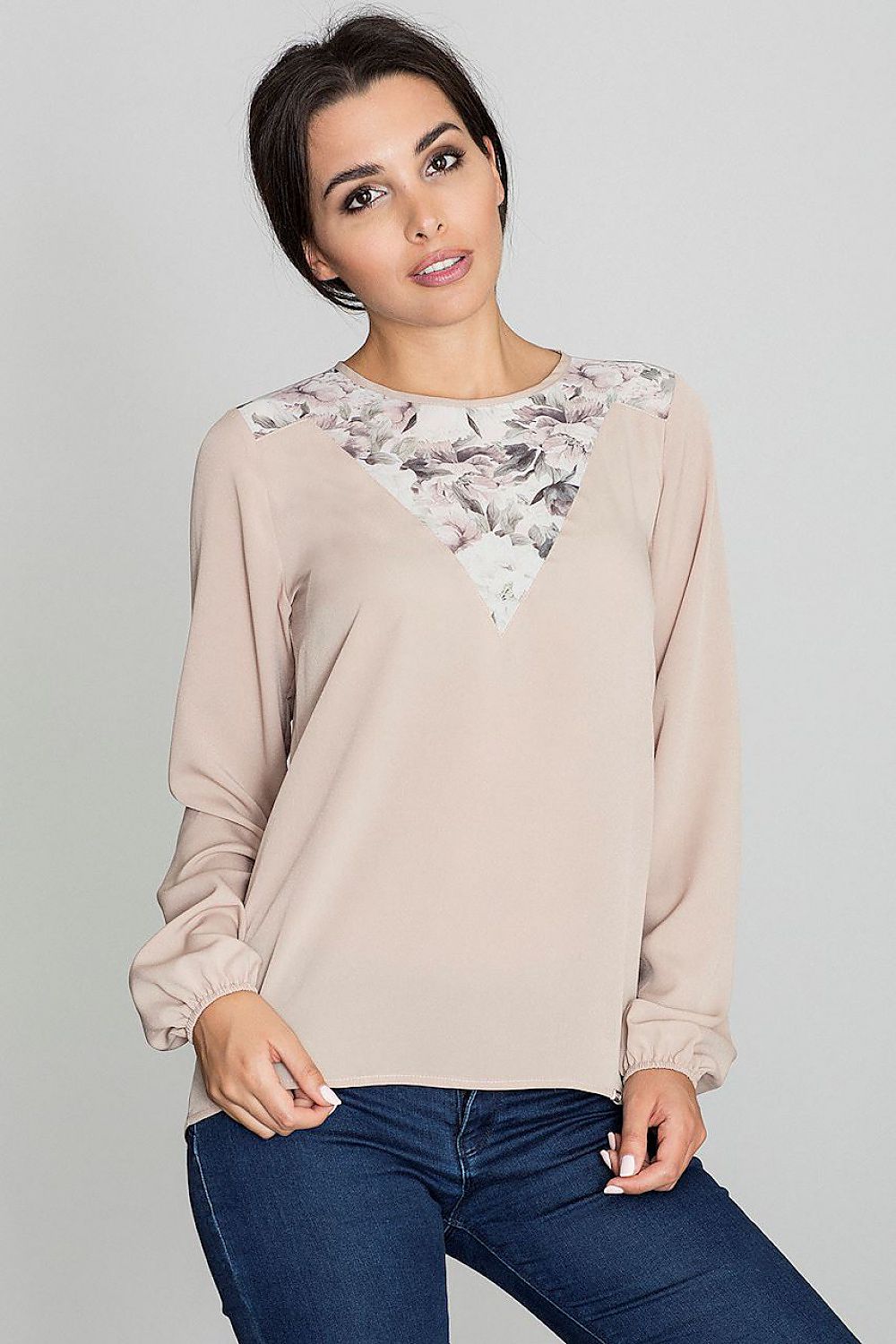 Elegant Figl Blouse With Patterned Neckline, Long Sleeves & Spectacular Back Slit