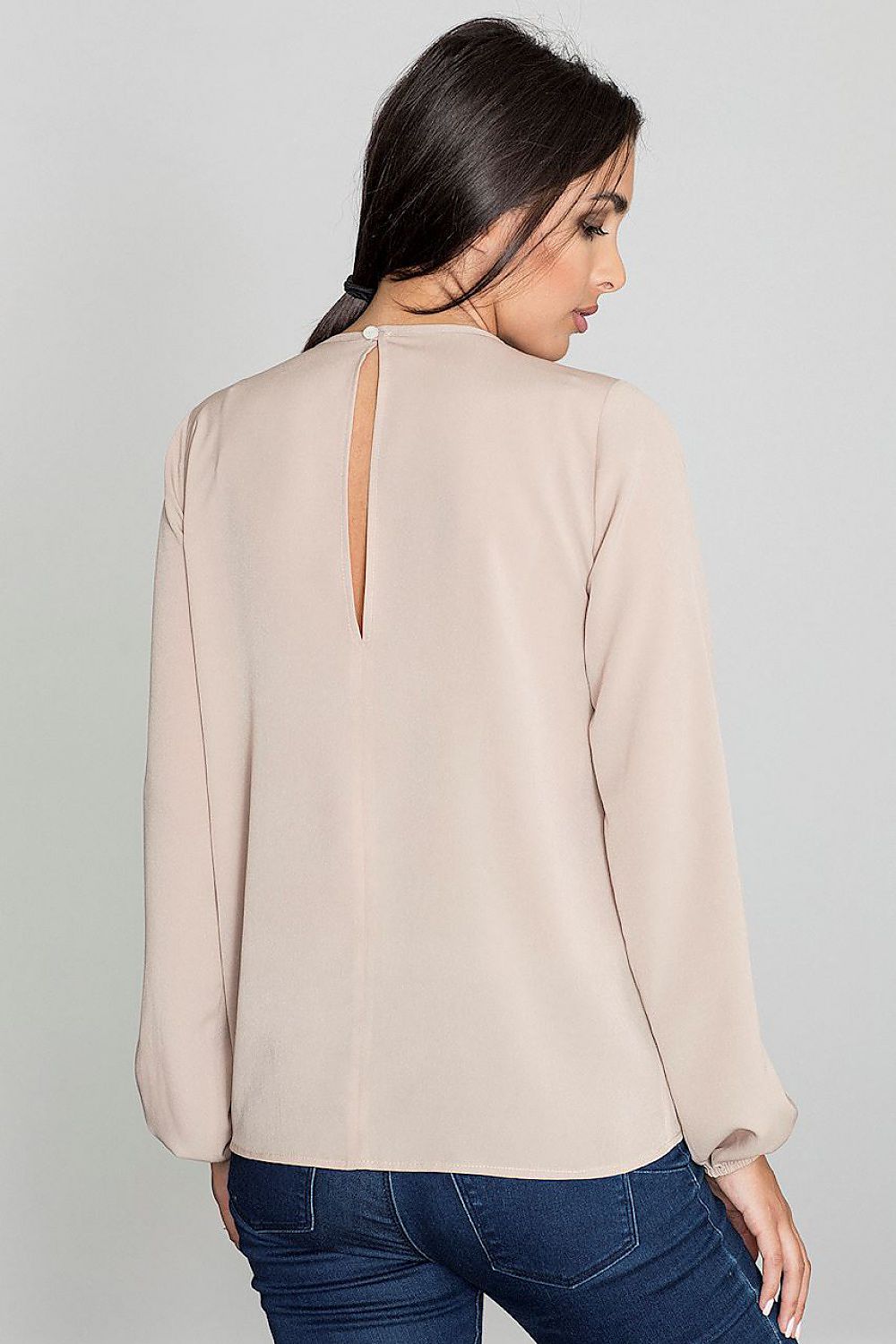Elegant Figl Blouse With Patterned Neckline, Long Sleeves & Spectacular Back Slit