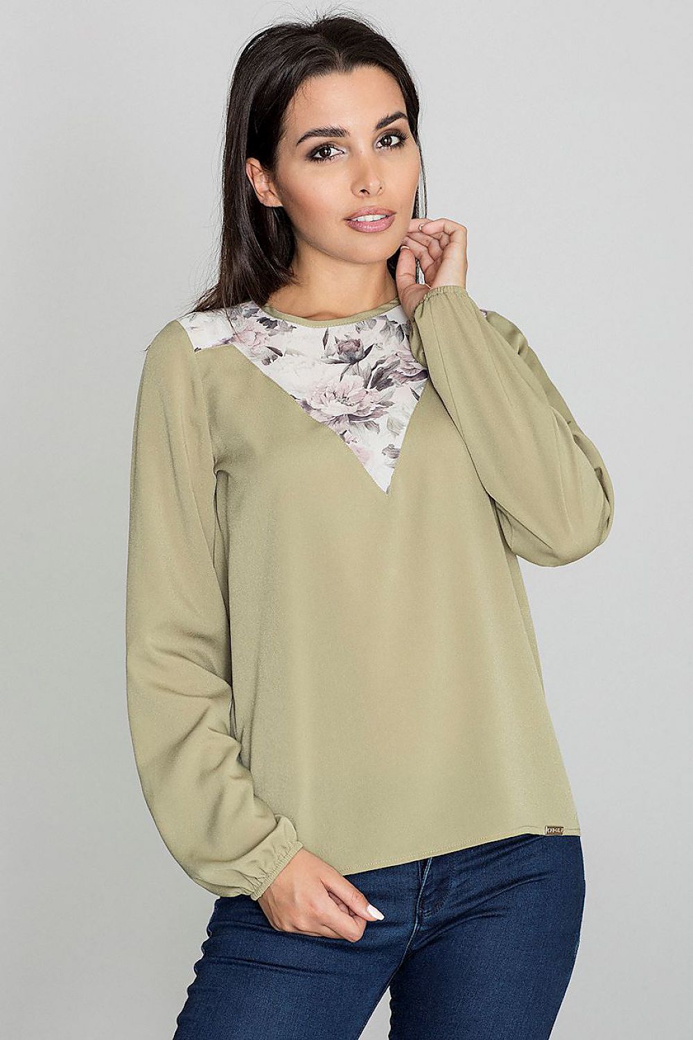 Elegant Figl Blouse With Patterned Neckline, Long Sleeves & Spectacular Back Slit