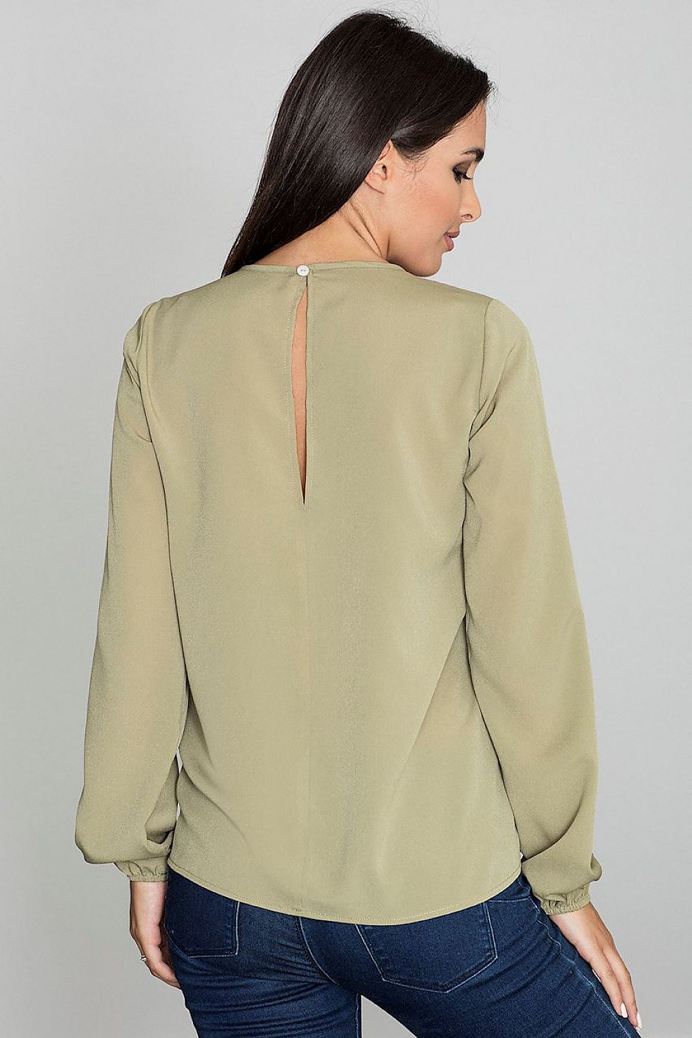 Elegant Figl Blouse With Patterned Neckline, Long Sleeves & Spectacular Back Slit