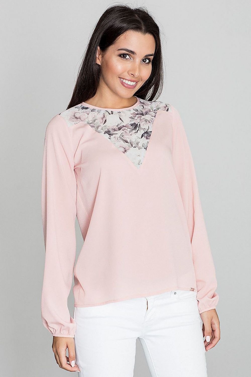 Elegant Figl Blouse With Patterned Neckline, Long Sleeves & Spectacular Back Slit