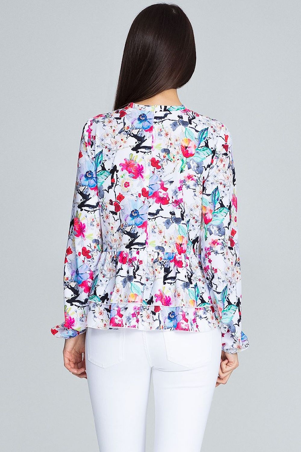 Elegant Floral Pattern Blouse by Figl with Long Sleeves and Frill Details