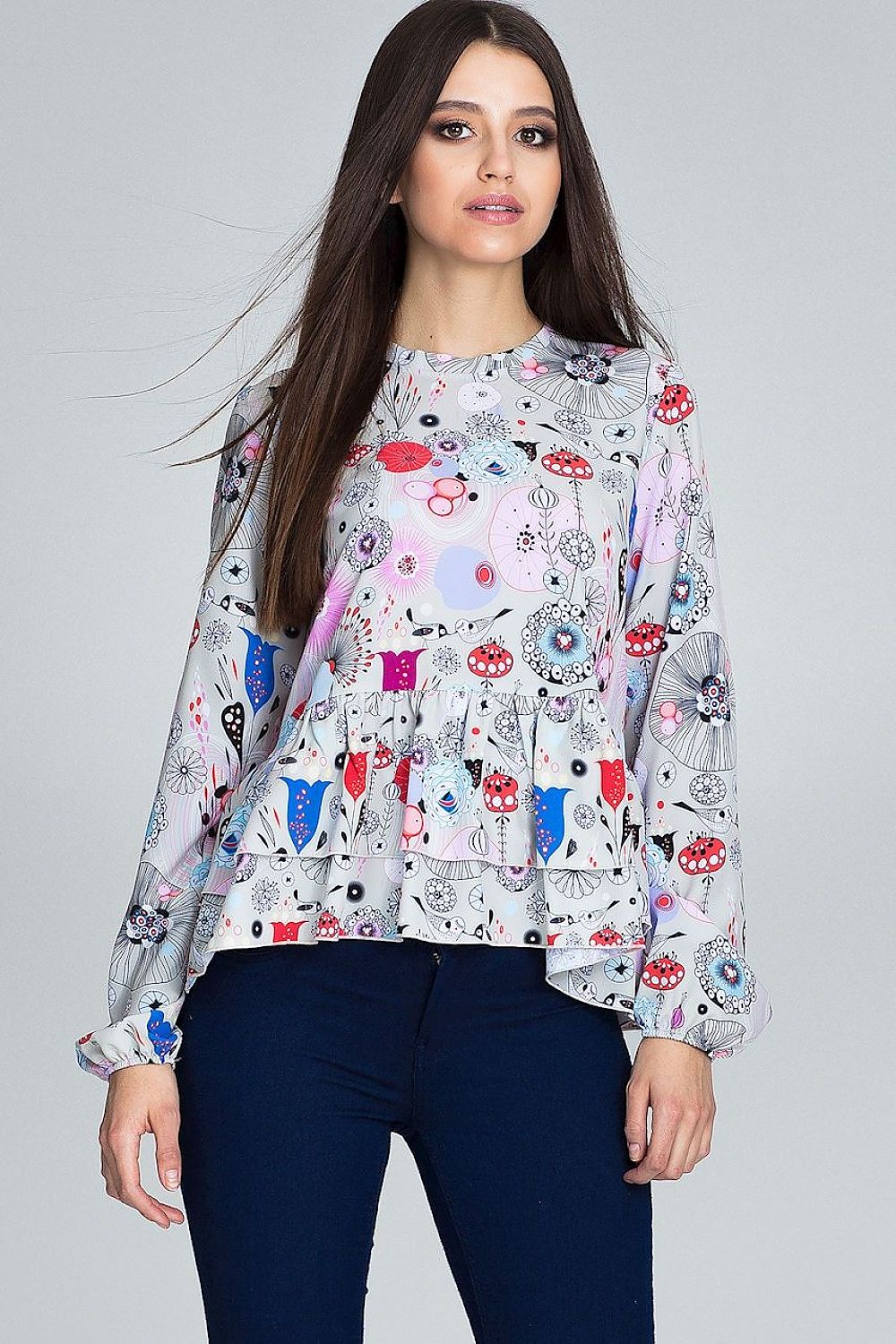 Elegant Floral Pattern Blouse by Figl with Long Sleeves and Frill Details