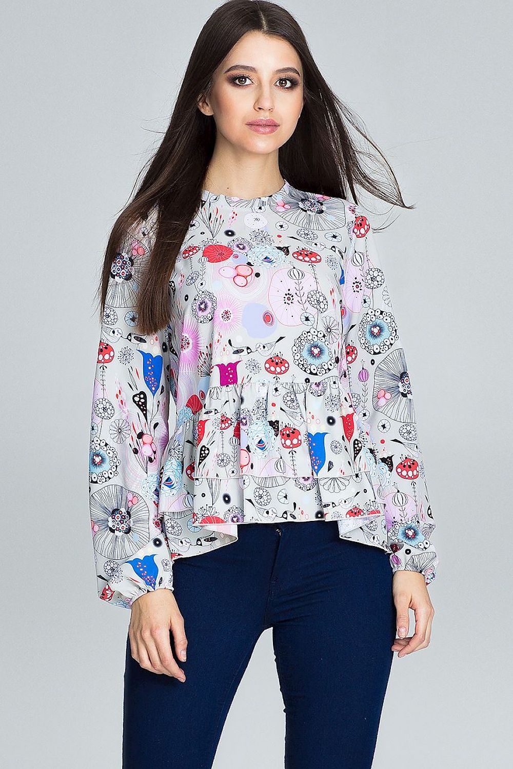 Elegant Floral Pattern Blouse by Figl with Long Sleeves and Frill Details