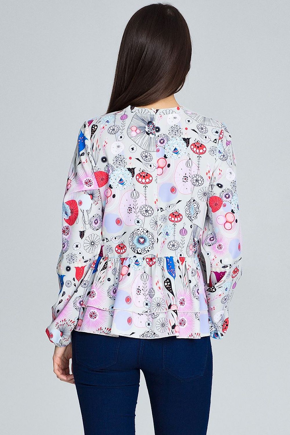 Elegant Floral Pattern Blouse by Figl with Long Sleeves and Frill Details