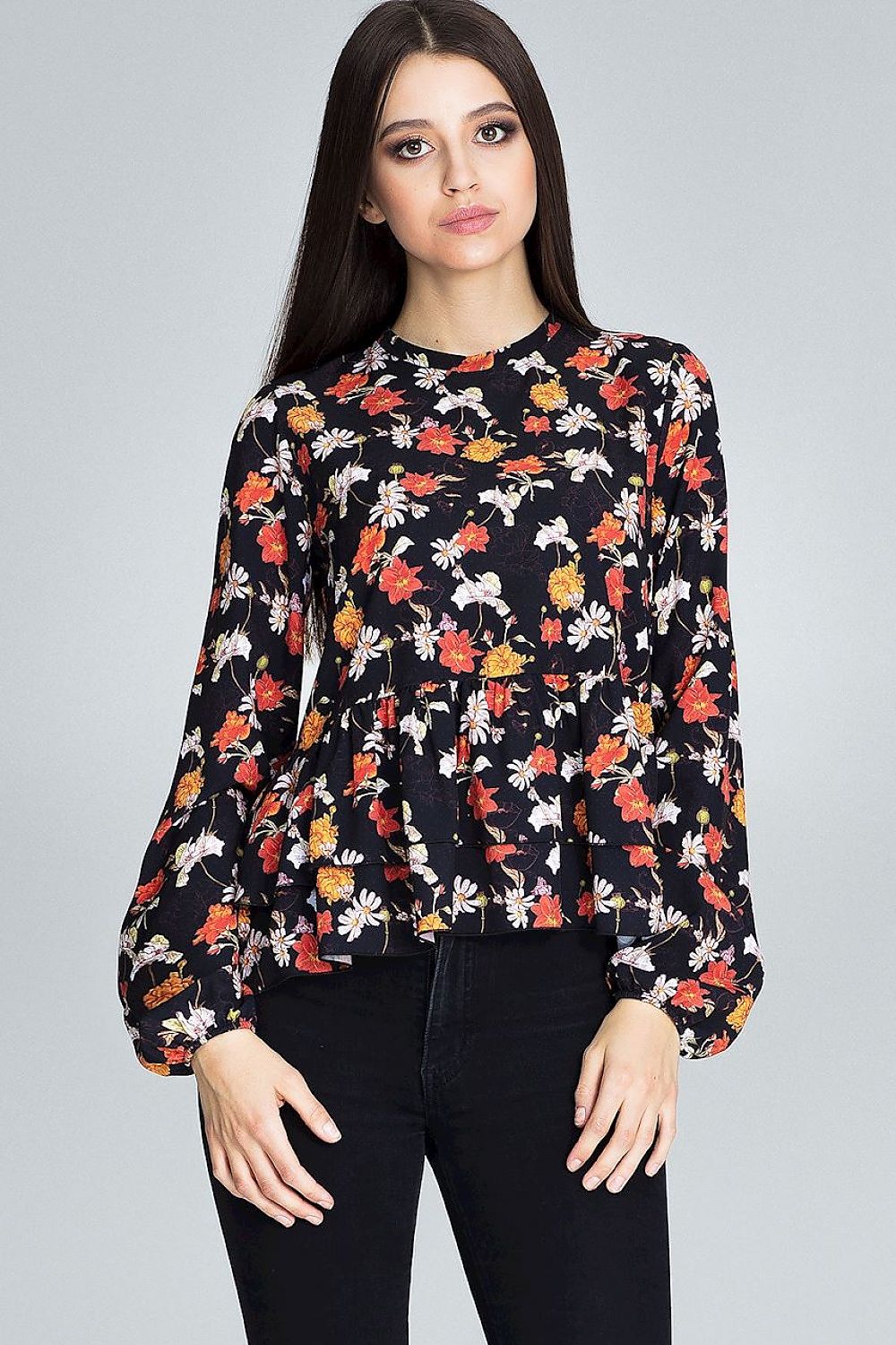 Elegant Floral Pattern Blouse by Figl with Long Sleeves and Frill Details