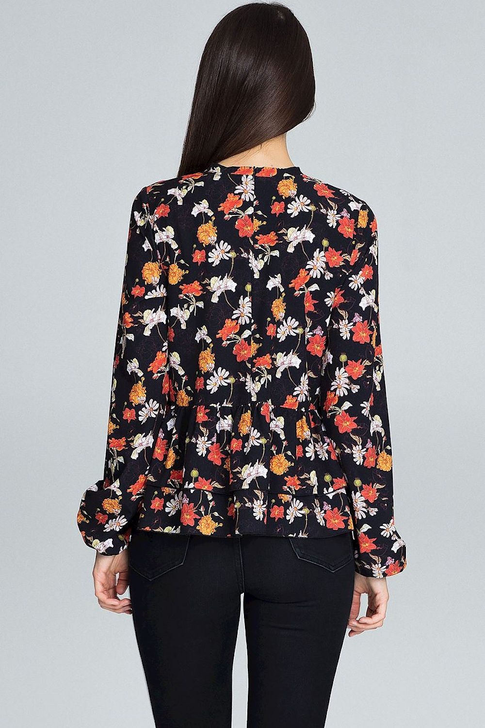 Elegant Floral Pattern Blouse by Figl with Long Sleeves and Frill Details