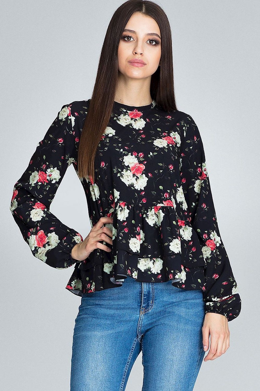 Elegant Floral Pattern Blouse by Figl with Long Sleeves and Frill Details