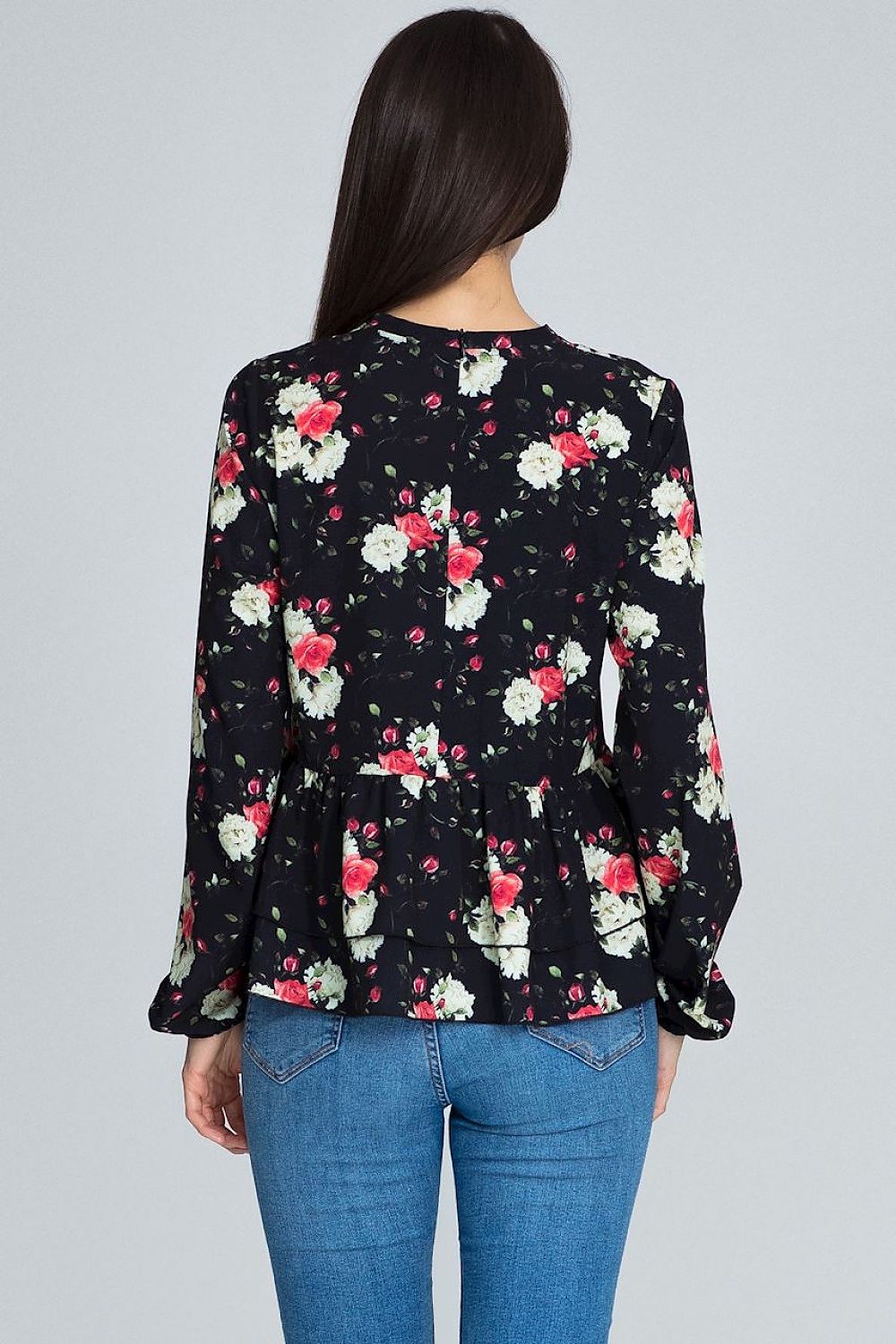 Elegant Floral Pattern Blouse by Figl with Long Sleeves and Frill Details