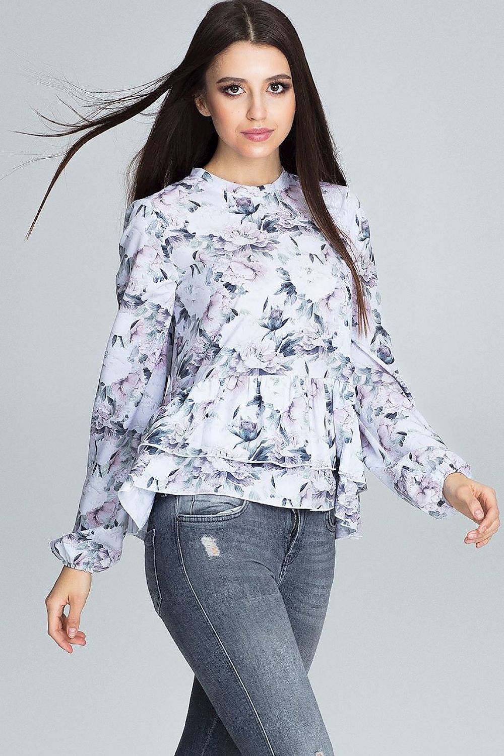Elegant Floral Pattern Blouse by Figl with Long Sleeves and Frill Details