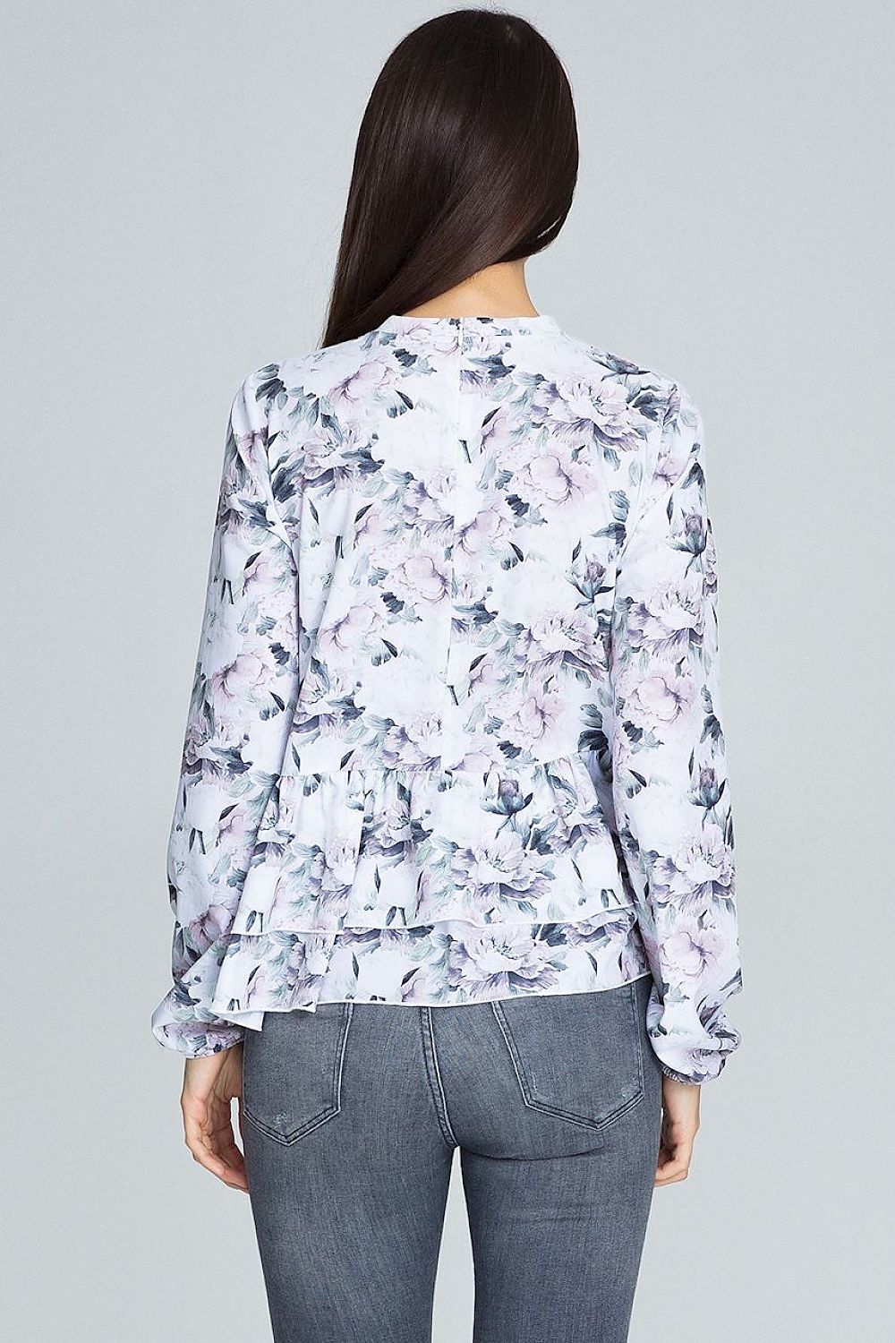 Elegant Floral Pattern Blouse by Figl with Long Sleeves and Frill Details