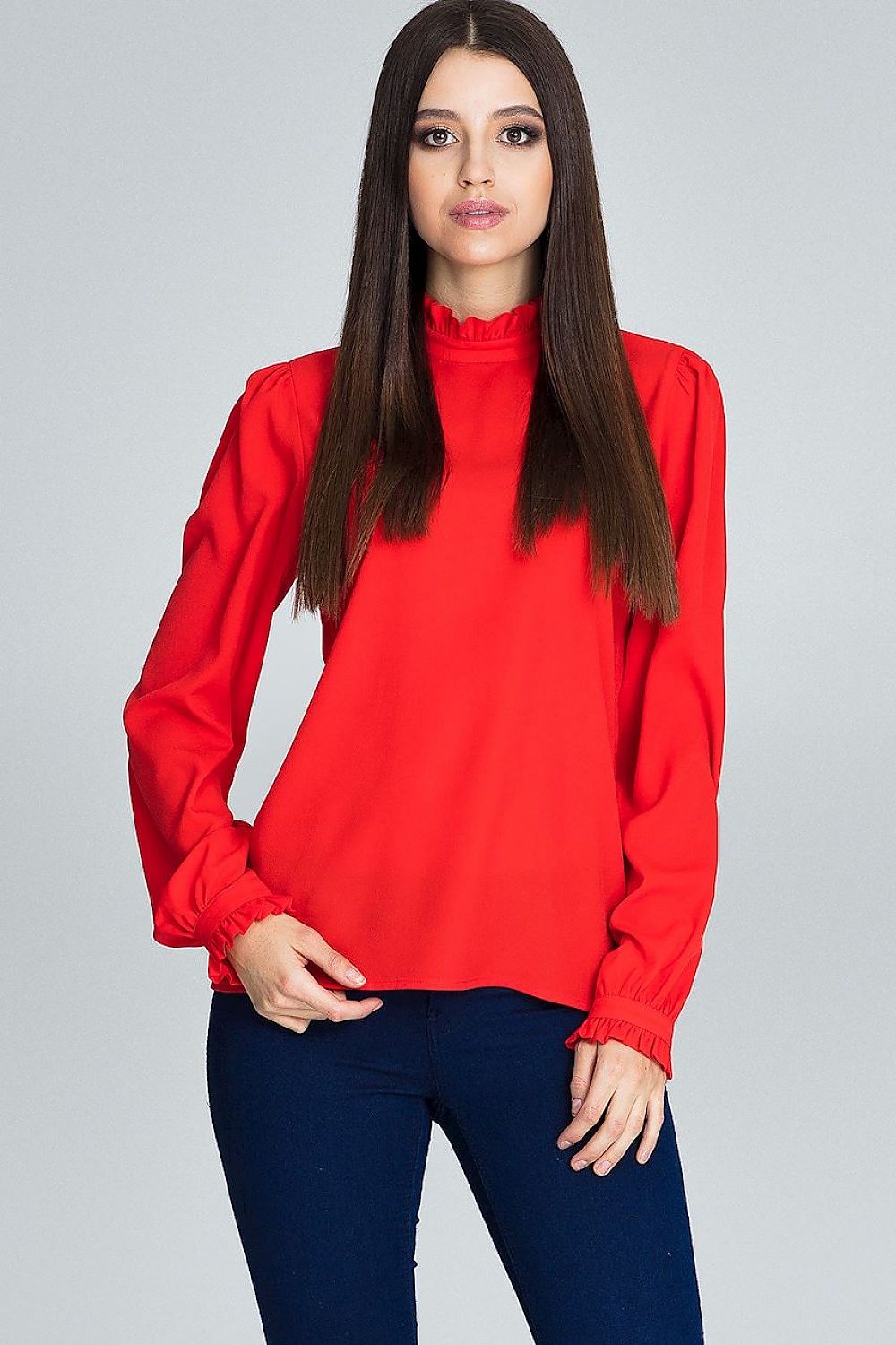 Elegant Figl Blouse with Pleated Long Sleeves and Frill Detail in Classic Modern Style