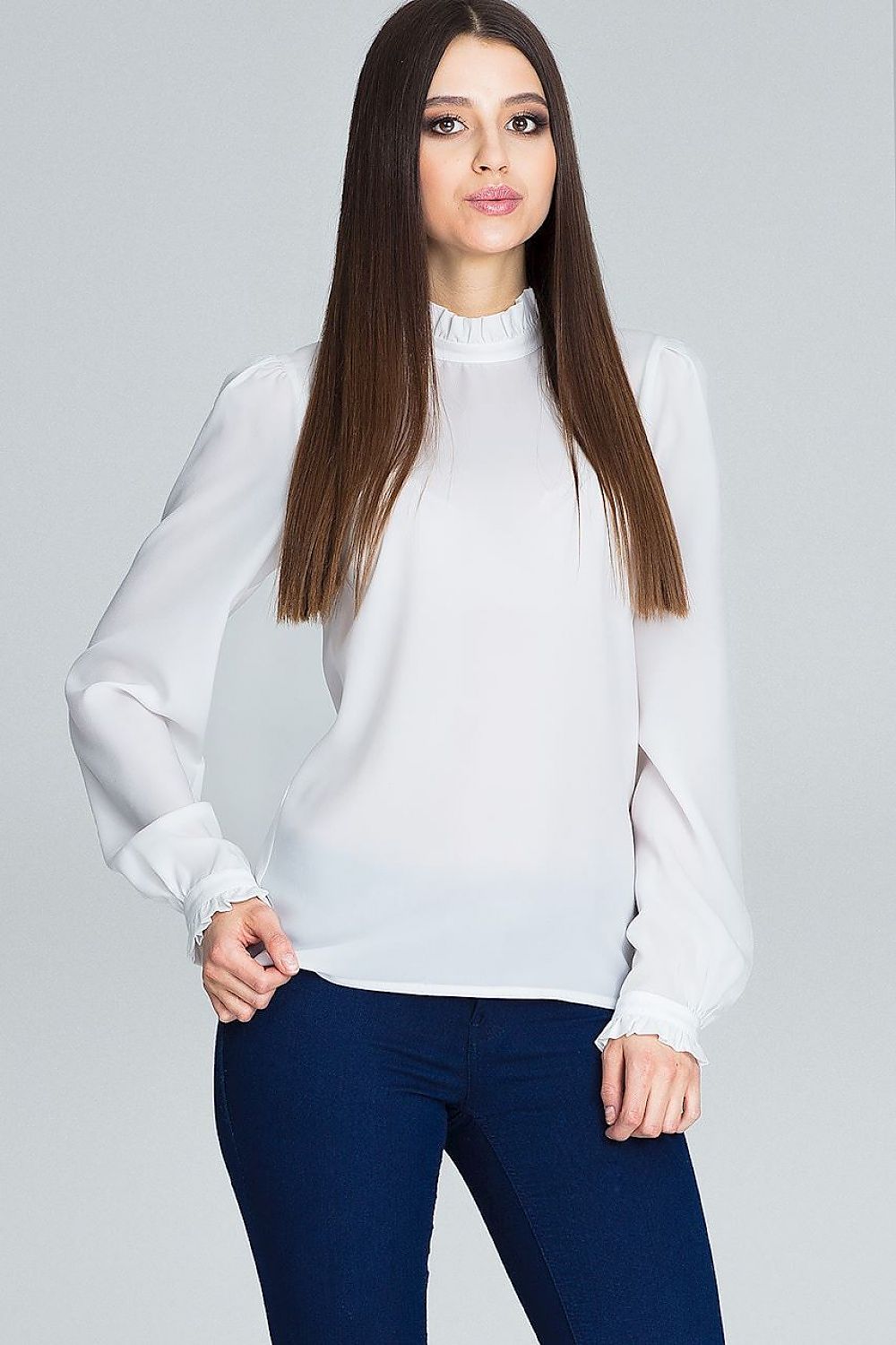Elegant Figl Blouse with Pleated Long Sleeves and Frill Detail in Classic Modern Style
